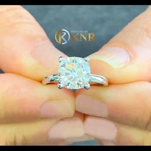 Cushion Cut Solitaire Ring, Silver Band, Elegant Engagement Bridal Promise - Picture 5 of 12